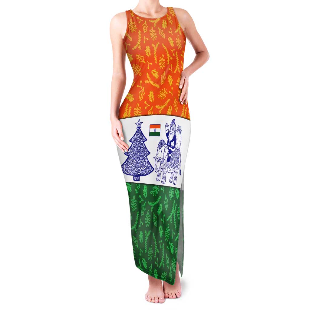 India Christmas Tank Maxi Dress with Elephant Santa Tree Design and Tricolor Holiday Pattern - Wonder Print Shop