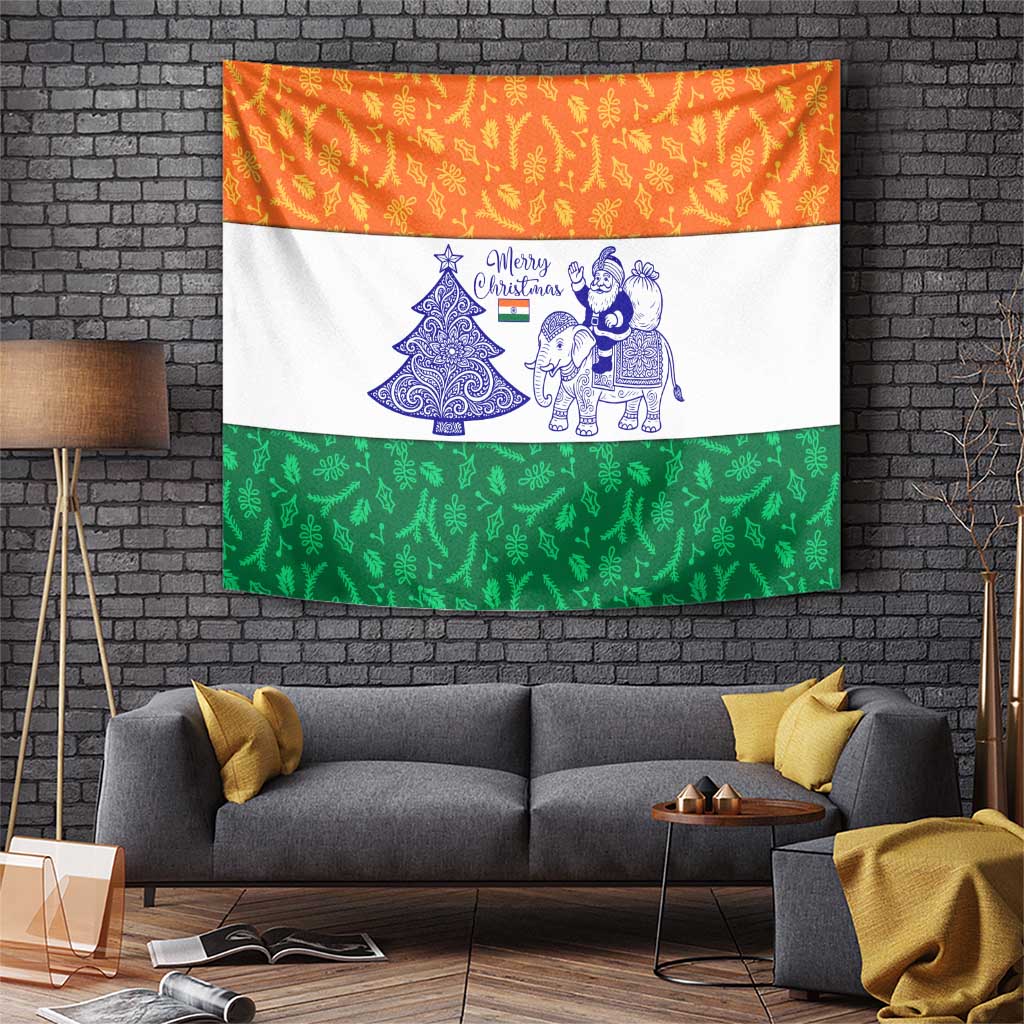 India Christmas Tapestry with Elephant Santa Tree Design and Tricolor Holiday Pattern - Wonder Print Shop