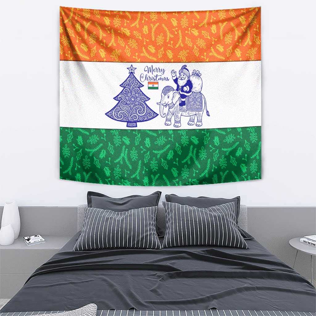India Christmas Tapestry with Elephant Santa Tree Design and Tricolor Holiday Pattern - Wonder Print Shop