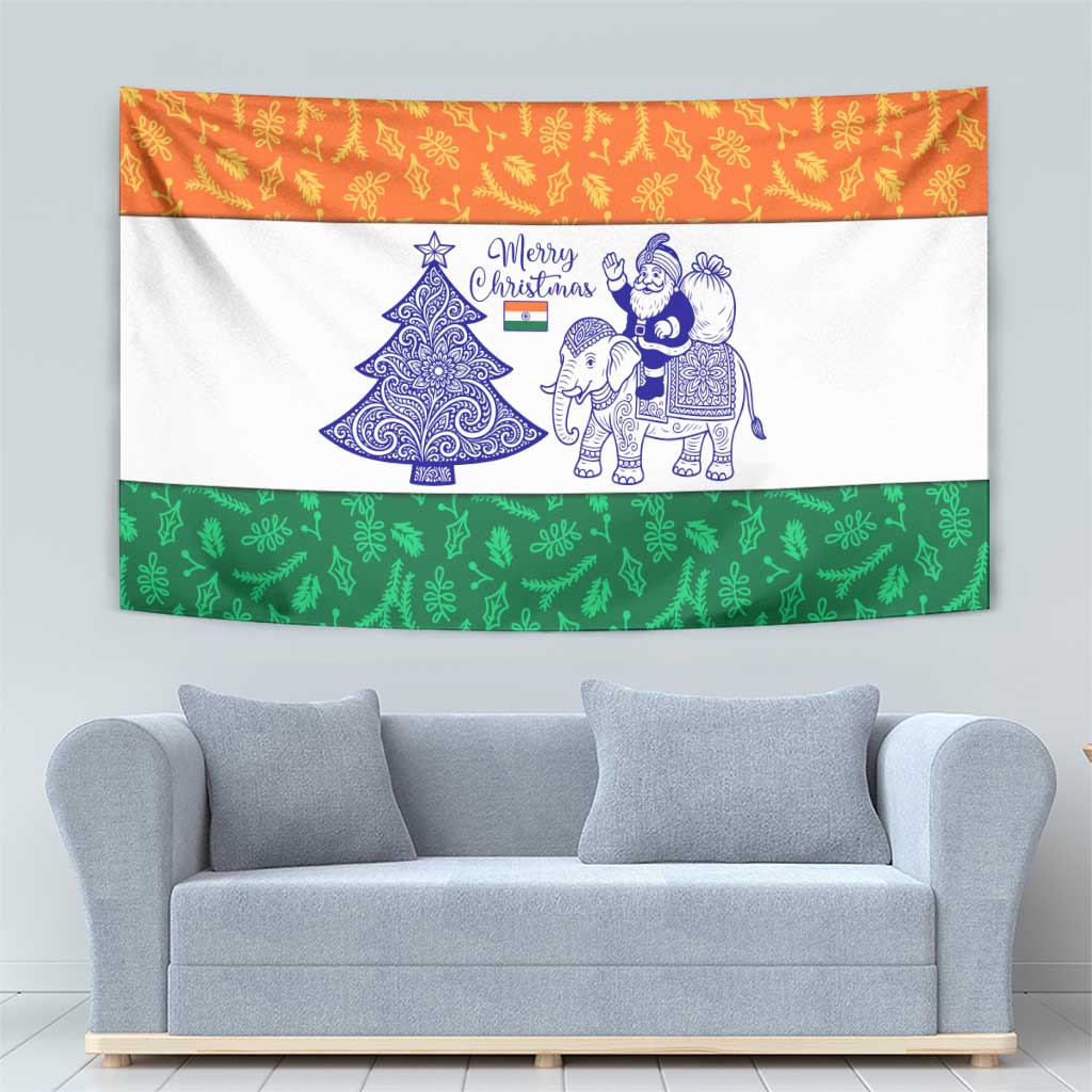 India Christmas Tapestry with Elephant Santa Tree Design and Tricolor Holiday Pattern - Wonder Print Shop