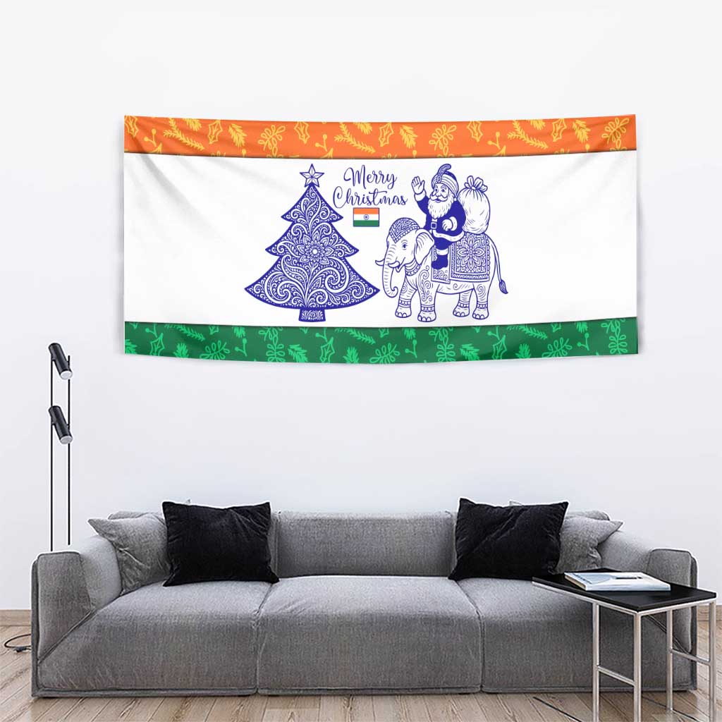 India Christmas Tapestry with Elephant Santa Tree Design and Tricolor Holiday Pattern - Wonder Print Shop