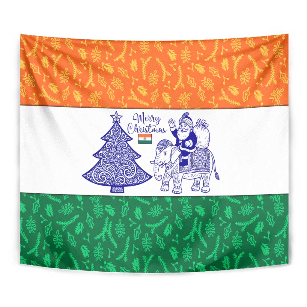 India Christmas Tapestry with Elephant Santa Tree Design and Tricolor Holiday Pattern - Wonder Print Shop