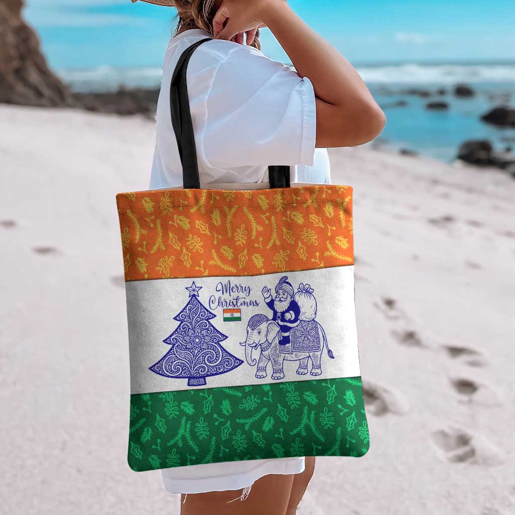 India Christmas Tote Bag with Elephant Santa Tree Design and Tricolor Holiday Pattern - Wonder Print Shop