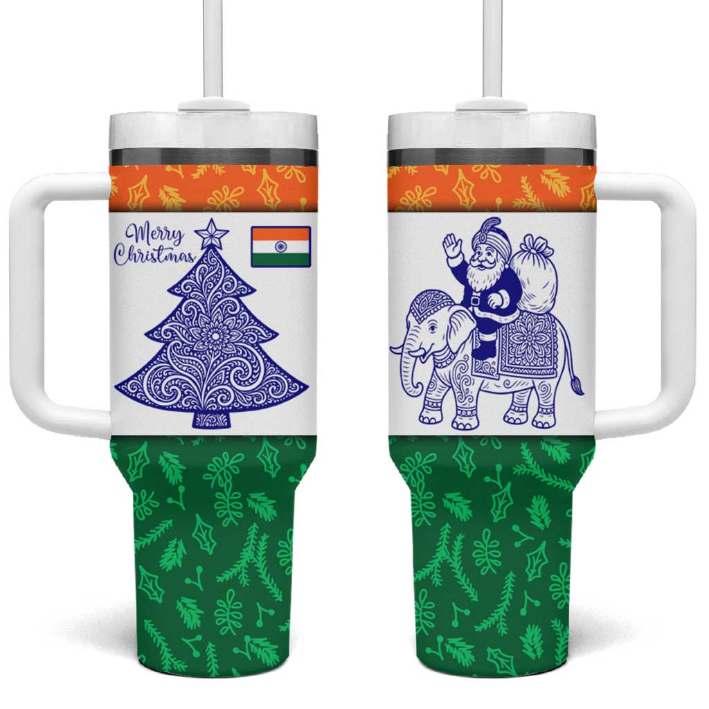 India Christmas Tumbler With Handle with Elephant Santa Tree Design and Tricolor Holiday Pattern - Wonder Print Shop