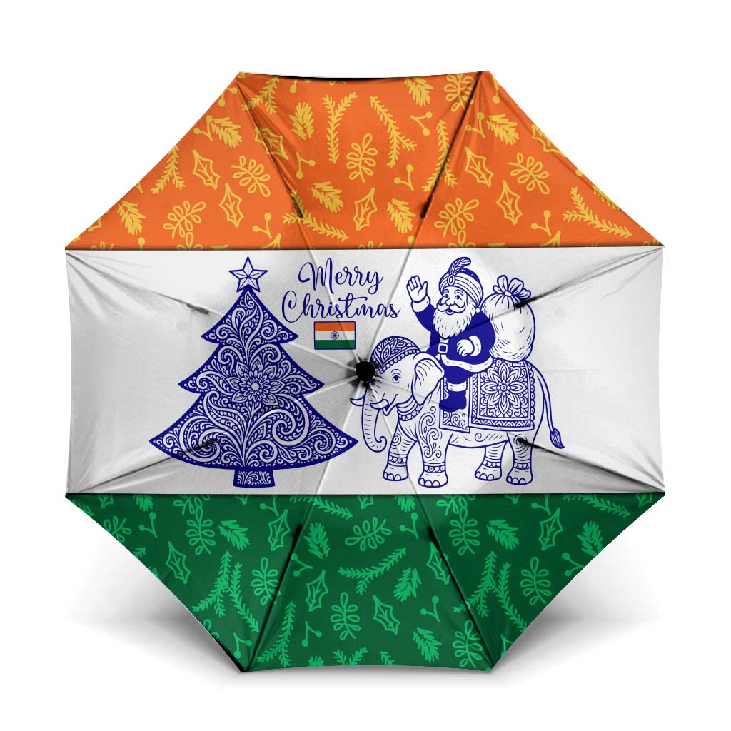 India Christmas Umbrella with Elephant Santa Tree Design and Tricolor Holiday Pattern - Wonder Print Shop