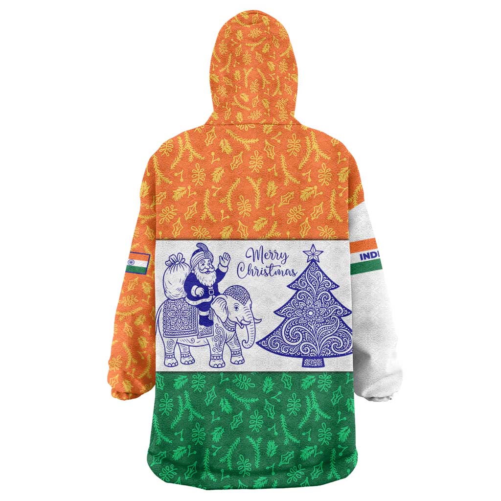 India Christmas Wearable Blanket Hoodie with Elephant Santa Tree Design and Tricolor Holiday Pattern - Wonder Print Shop