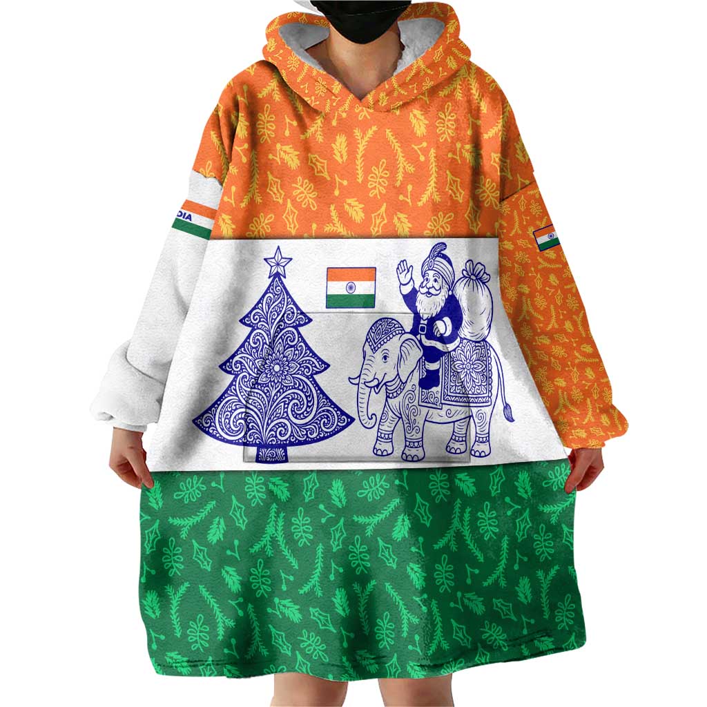 India Christmas Wearable Blanket Hoodie with Elephant Santa Tree Design and Tricolor Holiday Pattern - Wonder Print Shop