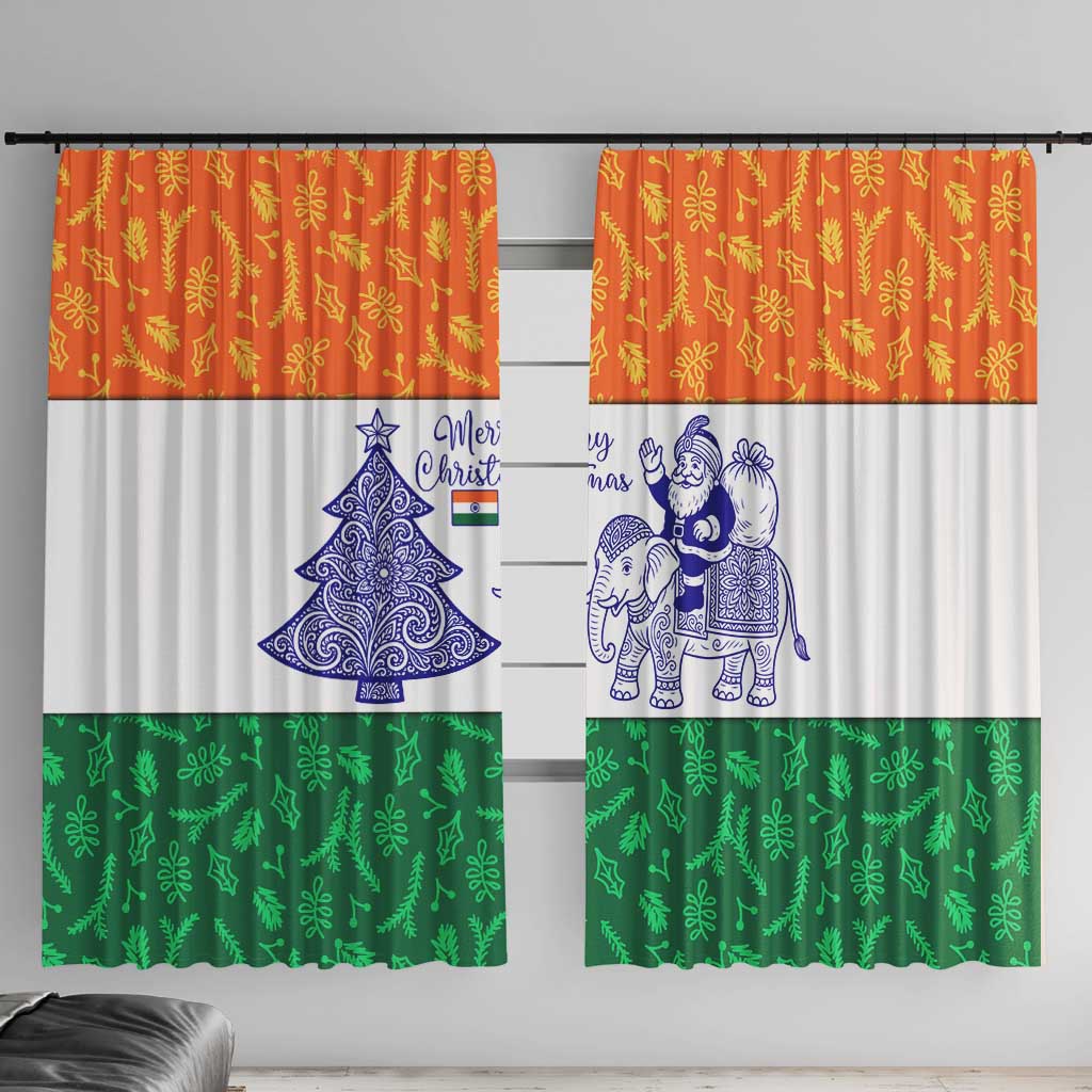 India Christmas Window Curtain with Elephant Santa Tree Design and Tricolor Holiday Pattern - Wonder Print Shop