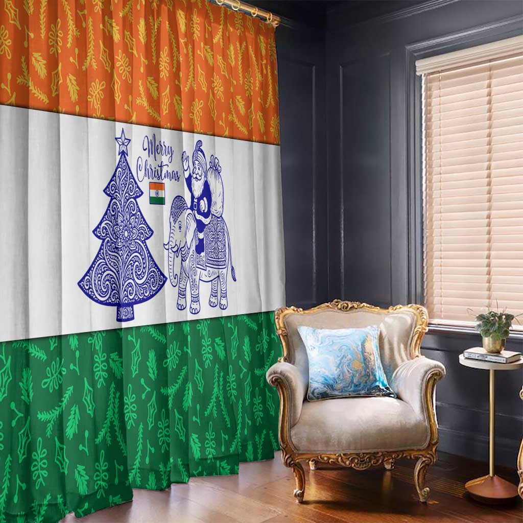 India Christmas Window Curtain with Elephant Santa Tree Design and Tricolor Holiday Pattern - Wonder Print Shop