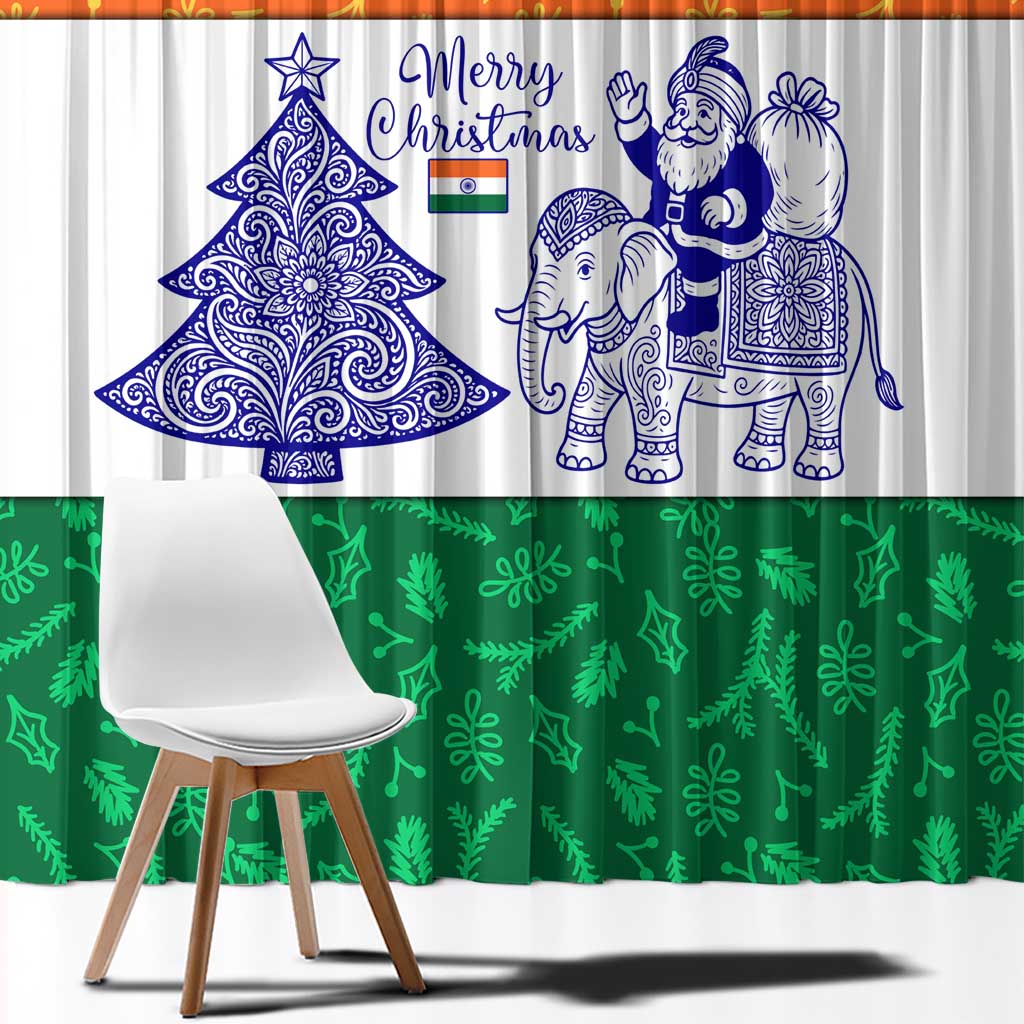 India Christmas Window Curtain with Elephant Santa Tree Design and Tricolor Holiday Pattern - Wonder Print Shop
