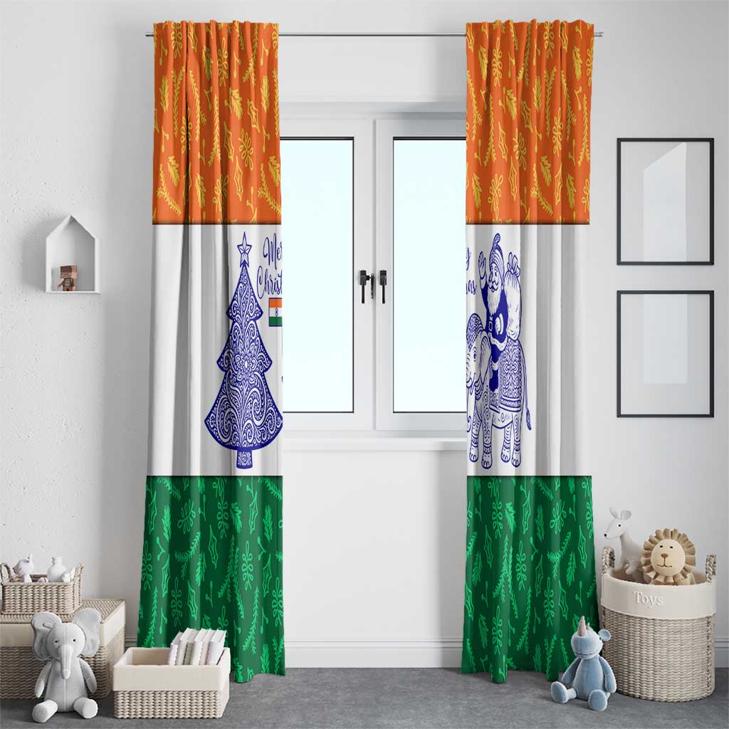 India Christmas Window Curtain with Elephant Santa Tree Design and Tricolor Holiday Pattern - Wonder Print Shop