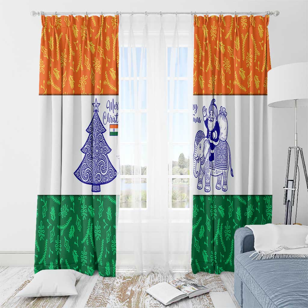 India Christmas Window Curtain with Elephant Santa Tree Design and Tricolor Holiday Pattern - Wonder Print Shop