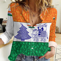 India Christmas Women Casual Shirt with Elephant Santa Tree Design and Tricolor Holiday Pattern - Wonder Print Shop