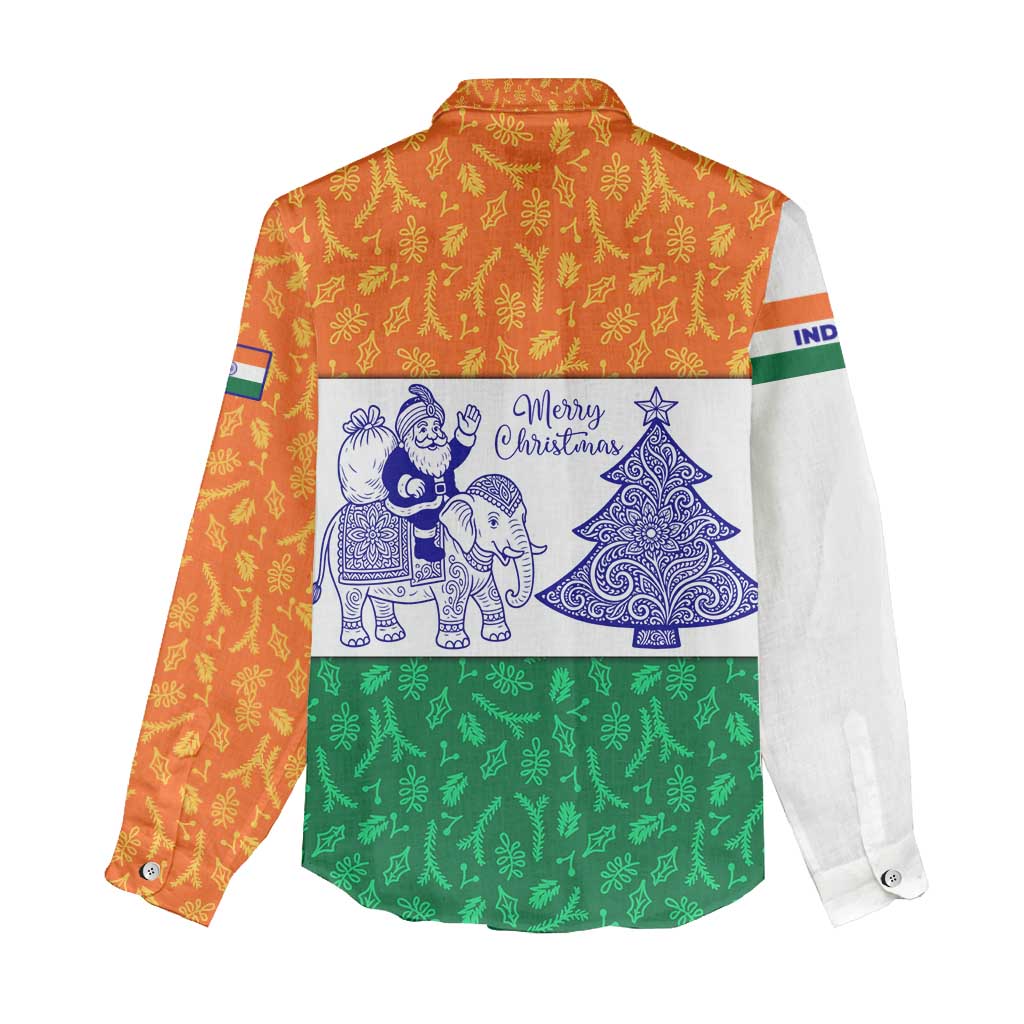 India Christmas Women Casual Shirt with Elephant Santa Tree Design and Tricolor Holiday Pattern - Wonder Print Shop