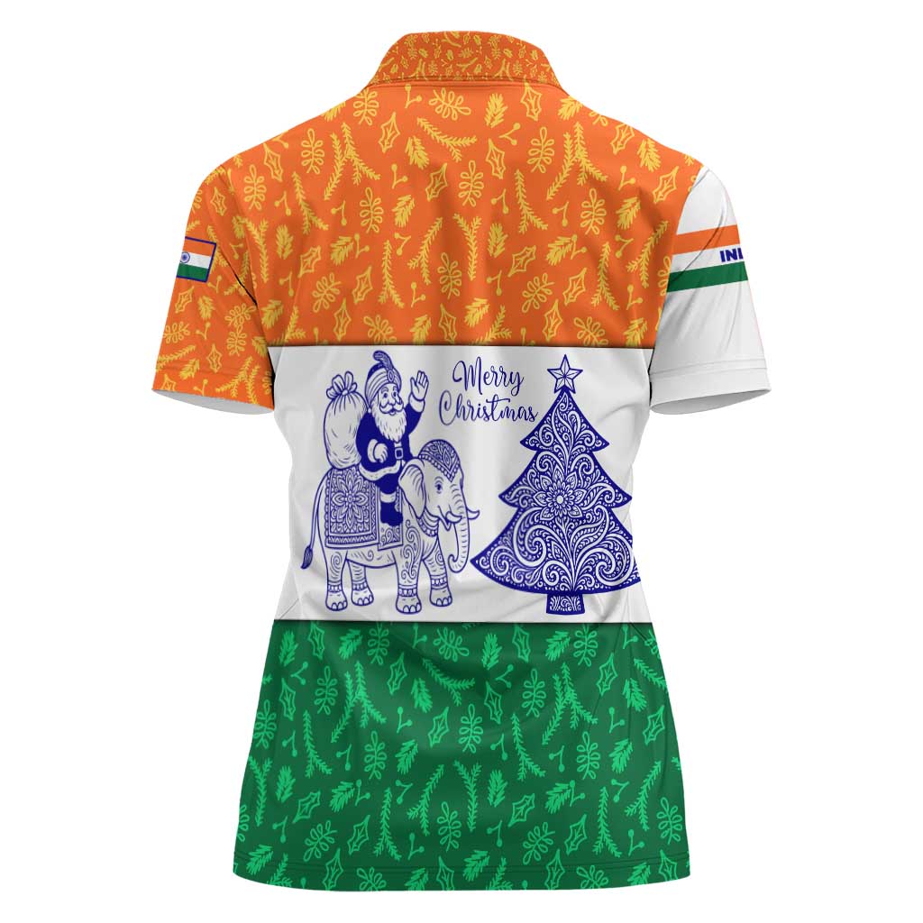 India Christmas Women Polo Shirt with Elephant Santa Tree Design and Tricolor Holiday Pattern - Wonder Print Shop
