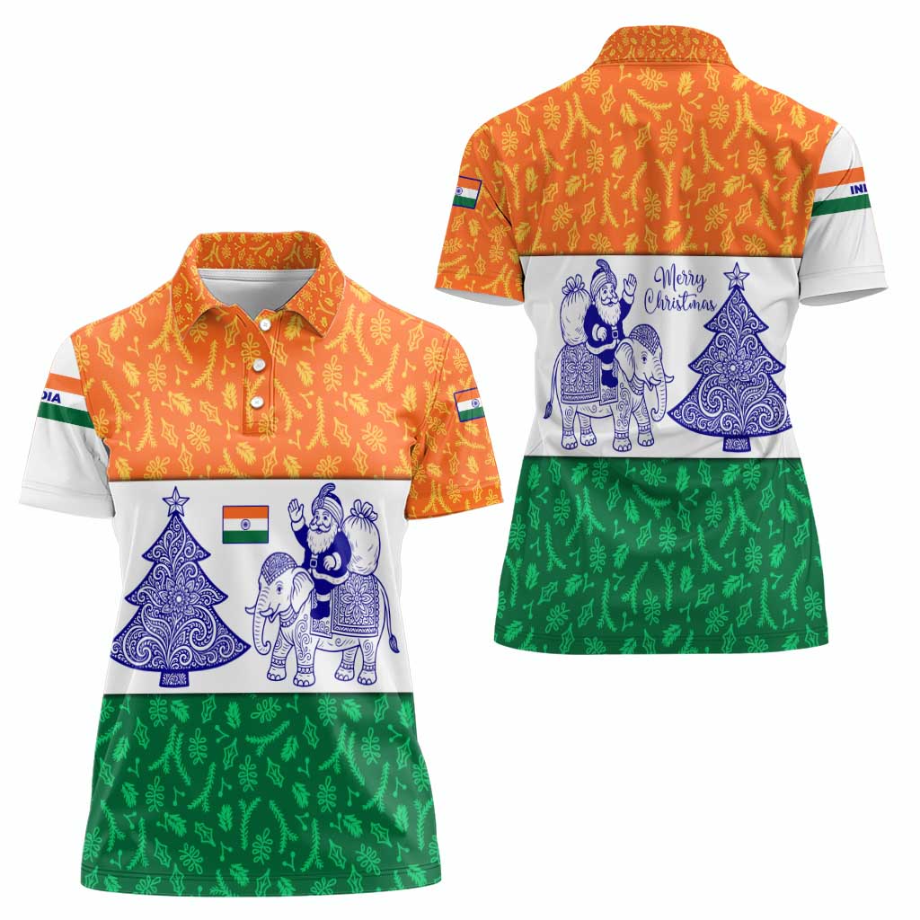 India Christmas Women Polo Shirt with Elephant Santa Tree Design and Tricolor Holiday Pattern - Wonder Print Shop