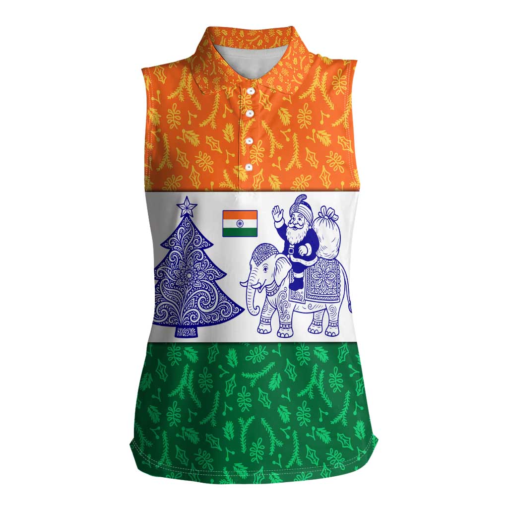 India Christmas Women Sleeveless Polo Shirt with Elephant Santa Tree Design and Tricolor Holiday Pattern - Wonder Print Shop