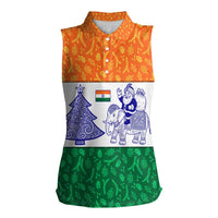 India Christmas Women Sleeveless Polo Shirt with Elephant Santa Tree Design and Tricolor Holiday Pattern - Wonder Print Shop