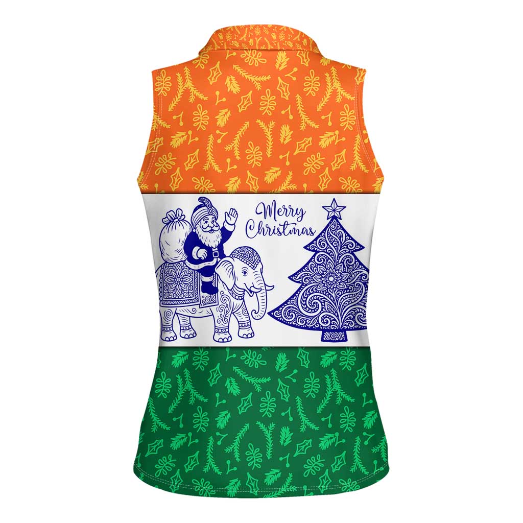 India Christmas Women Sleeveless Polo Shirt with Elephant Santa Tree Design and Tricolor Holiday Pattern - Wonder Print Shop