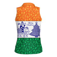 India Christmas Women Sleeveless Polo Shirt with Elephant Santa Tree Design and Tricolor Holiday Pattern - Wonder Print Shop