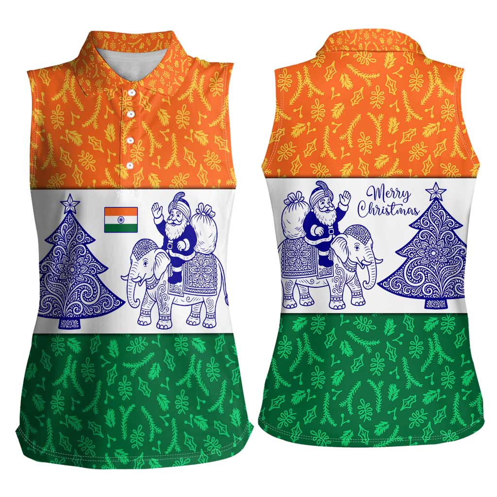 India Christmas Women Sleeveless Polo Shirt with Elephant Santa Tree Design and Tricolor Holiday Pattern - Wonder Print Shop