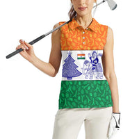 India Christmas Women Sleeveless Polo Shirt with Elephant Santa Tree Design and Tricolor Holiday Pattern - Wonder Print Shop