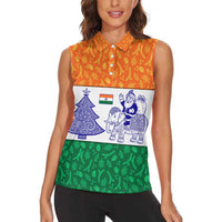 India Christmas Women Sleeveless Polo Shirt with Elephant Santa Tree Design and Tricolor Holiday Pattern - Wonder Print Shop