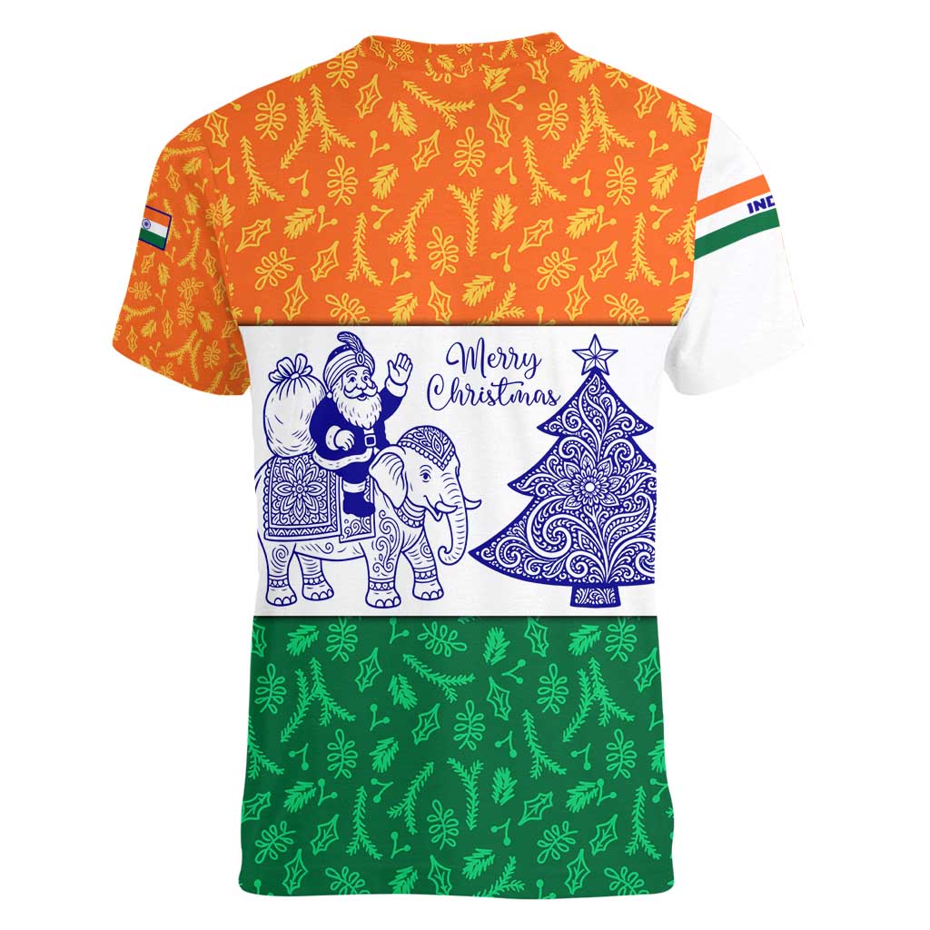 India Christmas Women V-Neck T-Shirt with Elephant Santa Tree Design and Tricolor Holiday Pattern - Wonder Print Shop