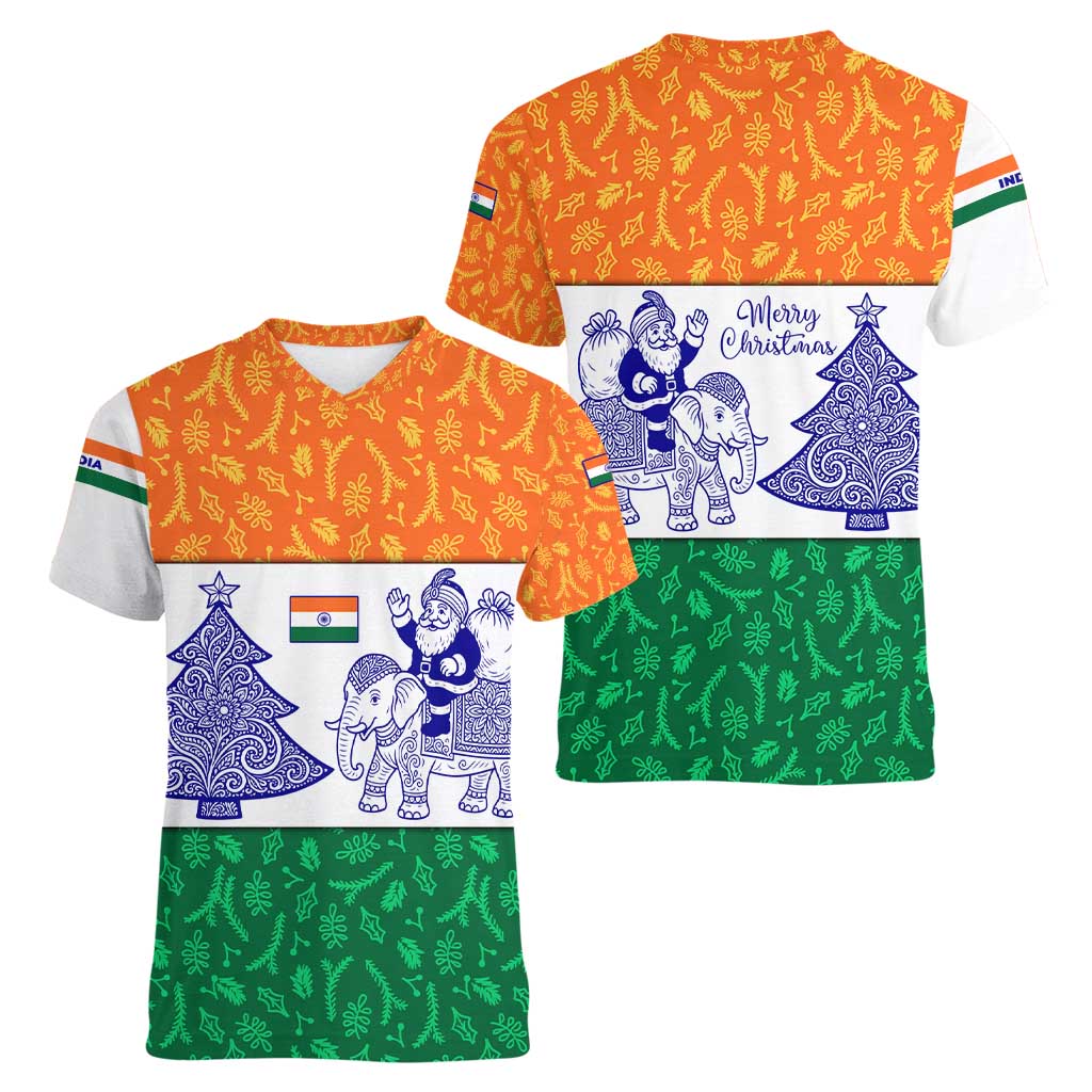 India Christmas Women V-Neck T-Shirt with Elephant Santa Tree Design and Tricolor Holiday Pattern - Wonder Print Shop