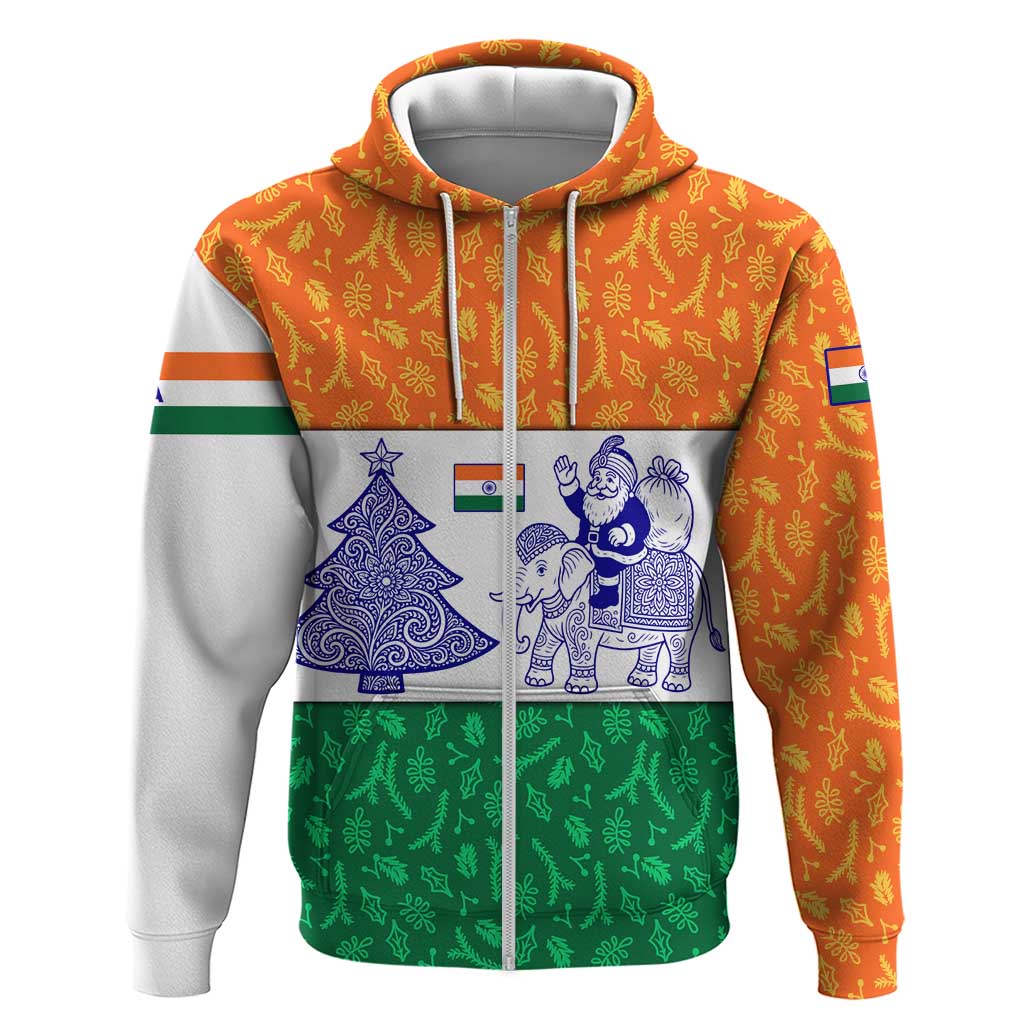 India Christmas Zip Hoodie with Elephant Santa Tree Design and Tricolor Holiday Pattern - Wonder Print Shop