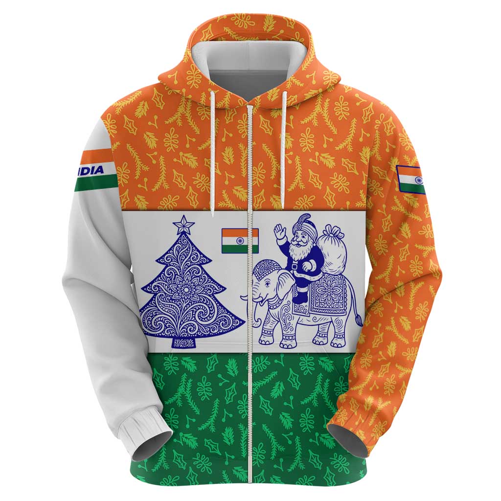 India Christmas Zip Hoodie with Elephant Santa Tree Design and Tricolor Holiday Pattern - Wonder Print Shop
