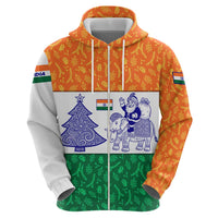 India Christmas Zip Hoodie with Elephant Santa Tree Design and Tricolor Holiday Pattern - Wonder Print Shop