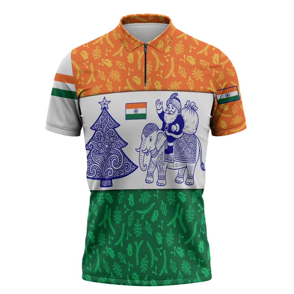 India Christmas Zipper Polo Shirt with Elephant Santa Tree Design and Tricolor Holiday Pattern - Wonder Print Shop