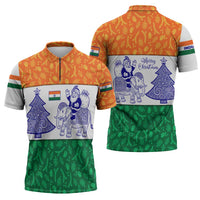 India Christmas Zipper Polo Shirt with Elephant Santa Tree Design and Tricolor Holiday Pattern - Wonder Print Shop