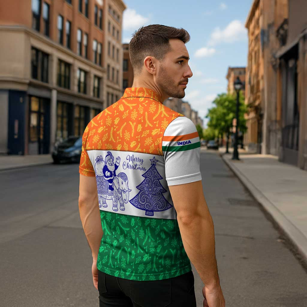 India Christmas Zipper Polo Shirt with Elephant Santa Tree Design and Tricolor Holiday Pattern - Wonder Print Shop