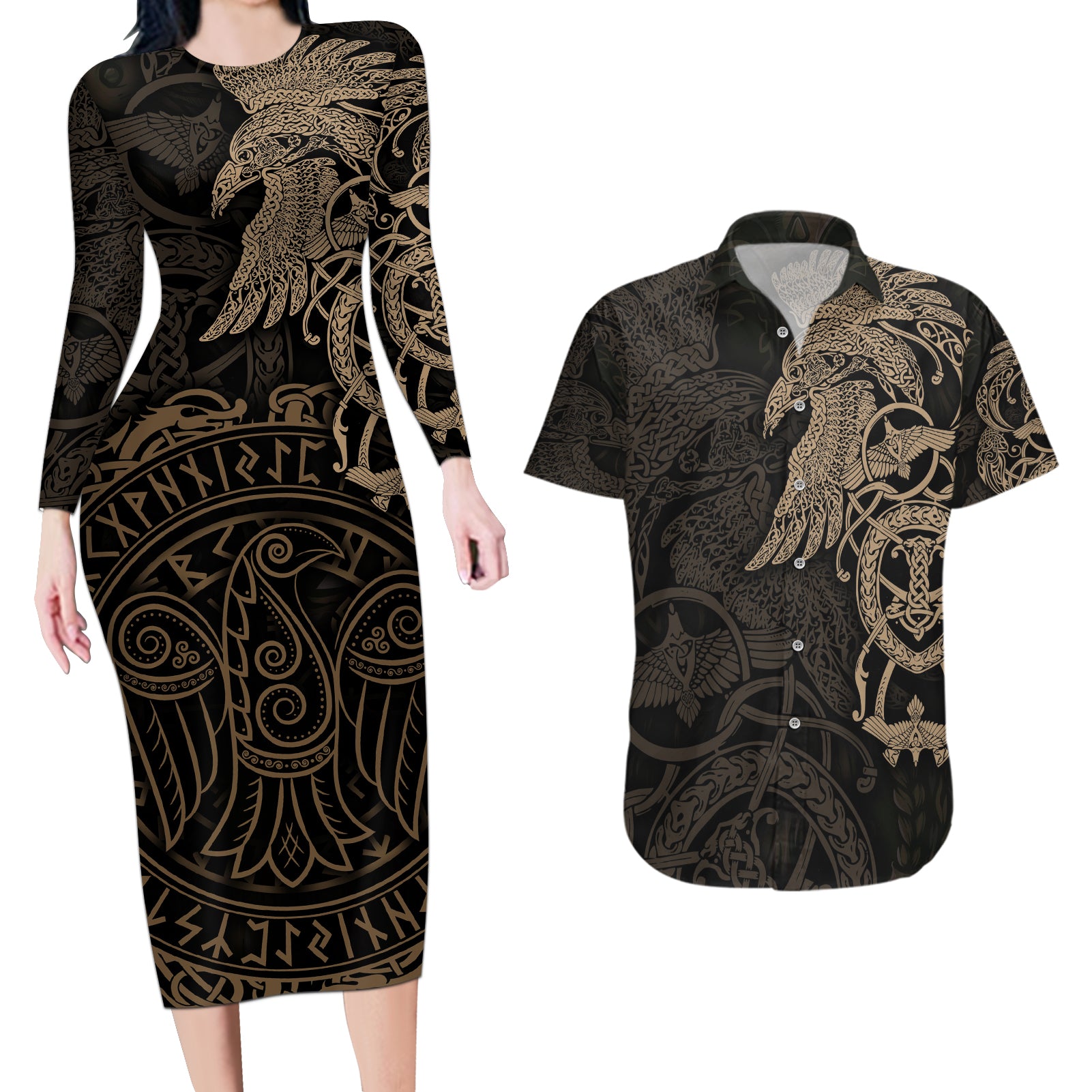 Viking Raven Couples Matching Long Sleeve Bodycon Dress and Hawaiian Shirt Wisdom in Flight - Wonder Print Shop