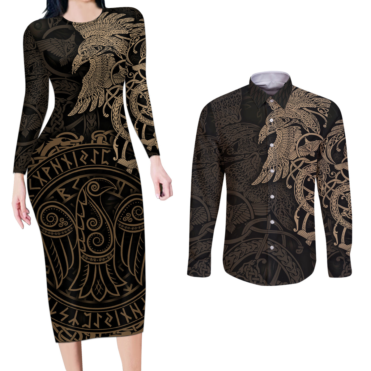 Viking Raven Couples Matching Long Sleeve Bodycon Dress and Long Sleeve Button Shirt Wisdom in Flight - Wonder Print Shop