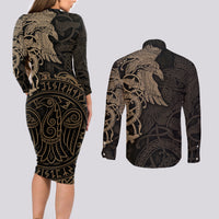 Viking Raven Couples Matching Long Sleeve Bodycon Dress and Long Sleeve Button Shirt Wisdom in Flight - Wonder Print Shop