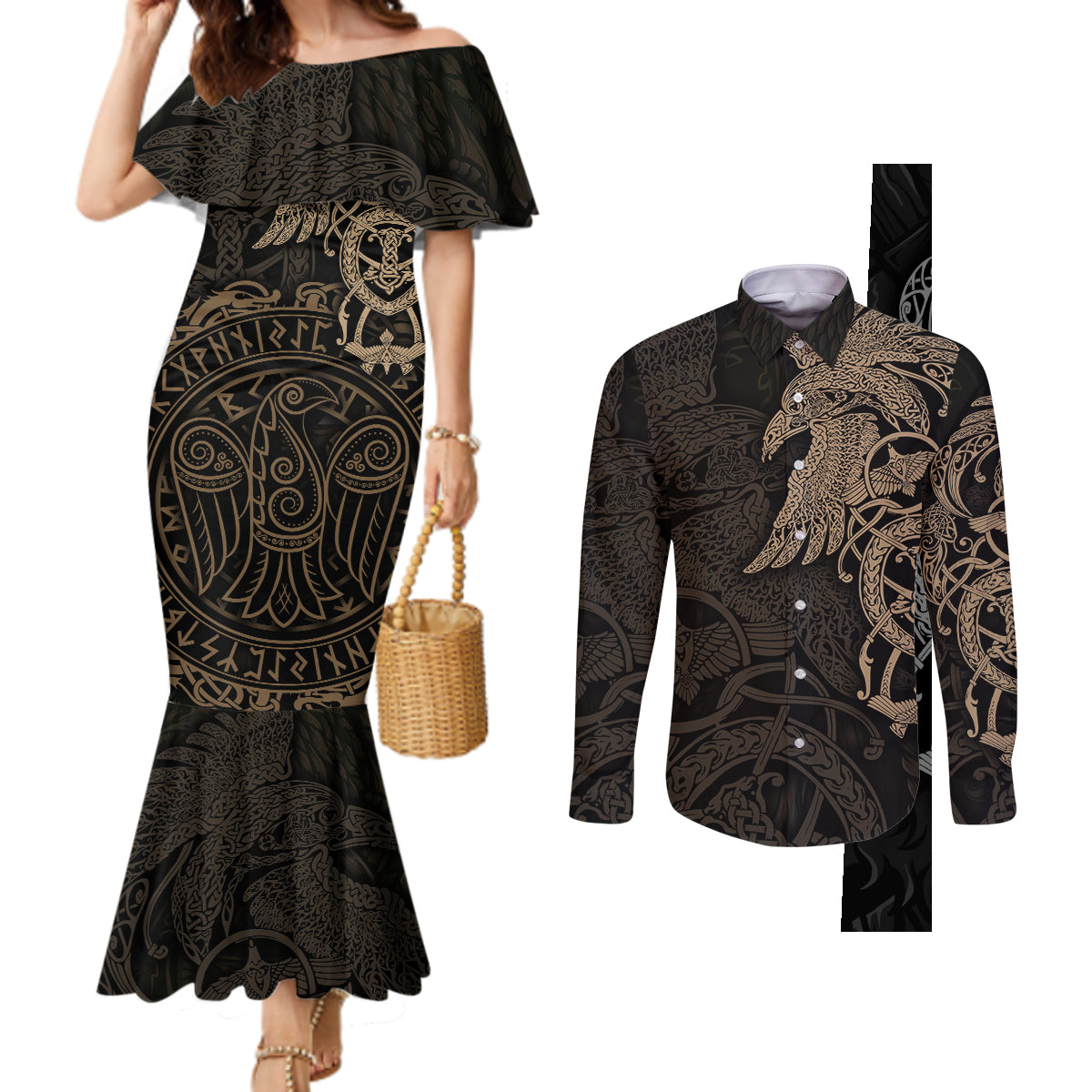 viking-raven-couples-matching-mermaid-dress-and-long-sleeve-button-shirt-wisdom-in-flight