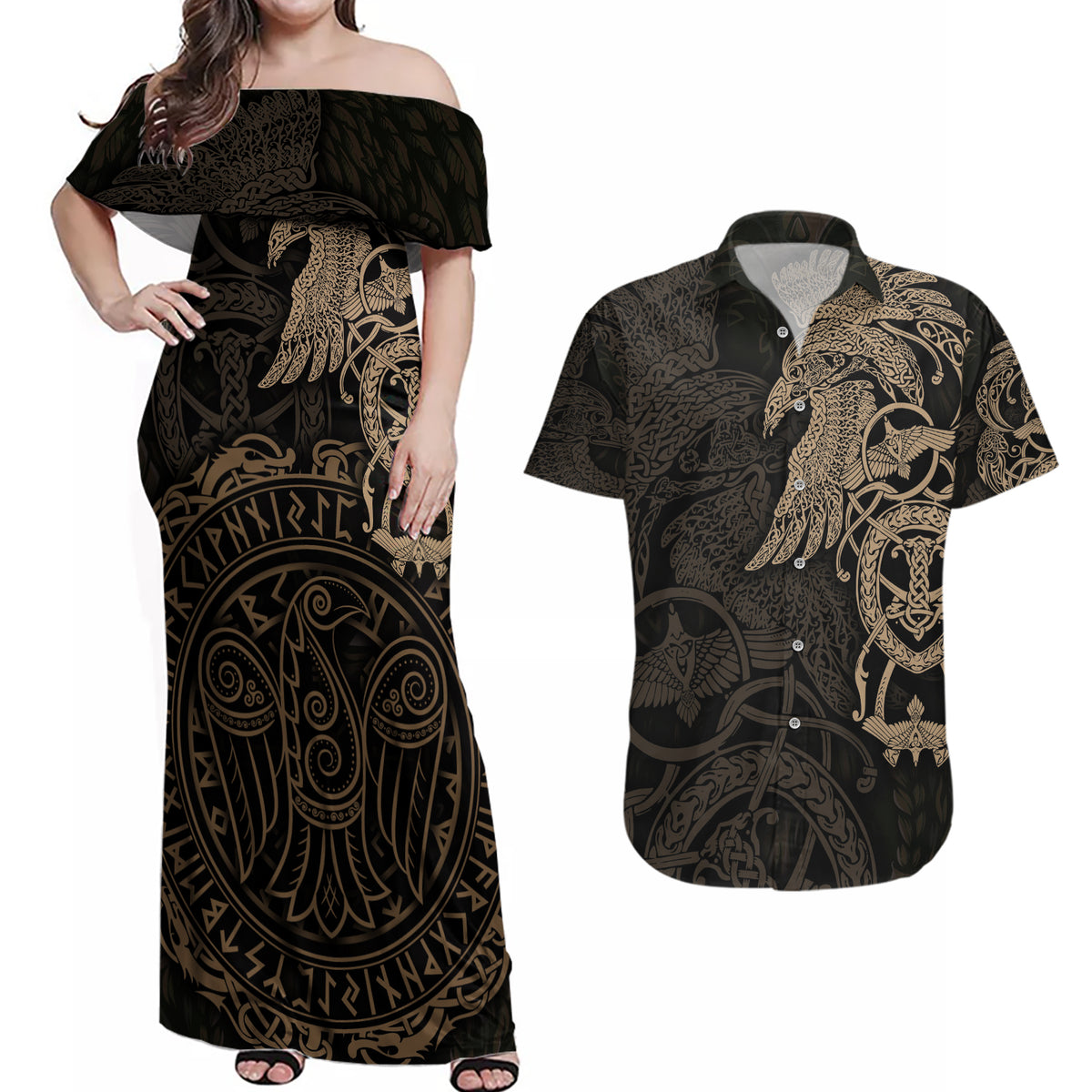 Viking Raven Couples Matching Off Shoulder Maxi Dress and Hawaiian Shirt Wisdom in Flight - Wonder Print Shop