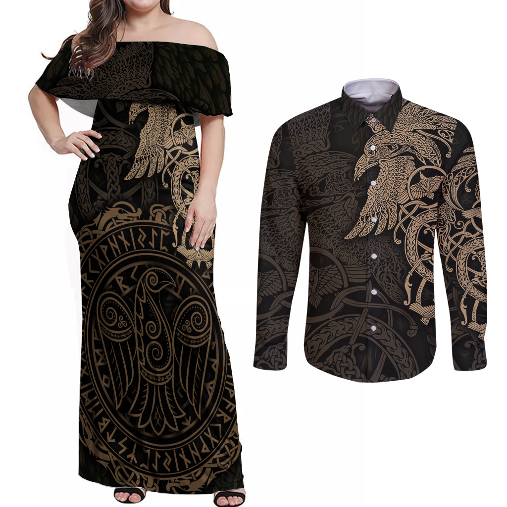 Viking Raven Couples Matching Off Shoulder Maxi Dress and Long Sleeve Button Shirt Wisdom in Flight - Wonder Print Shop