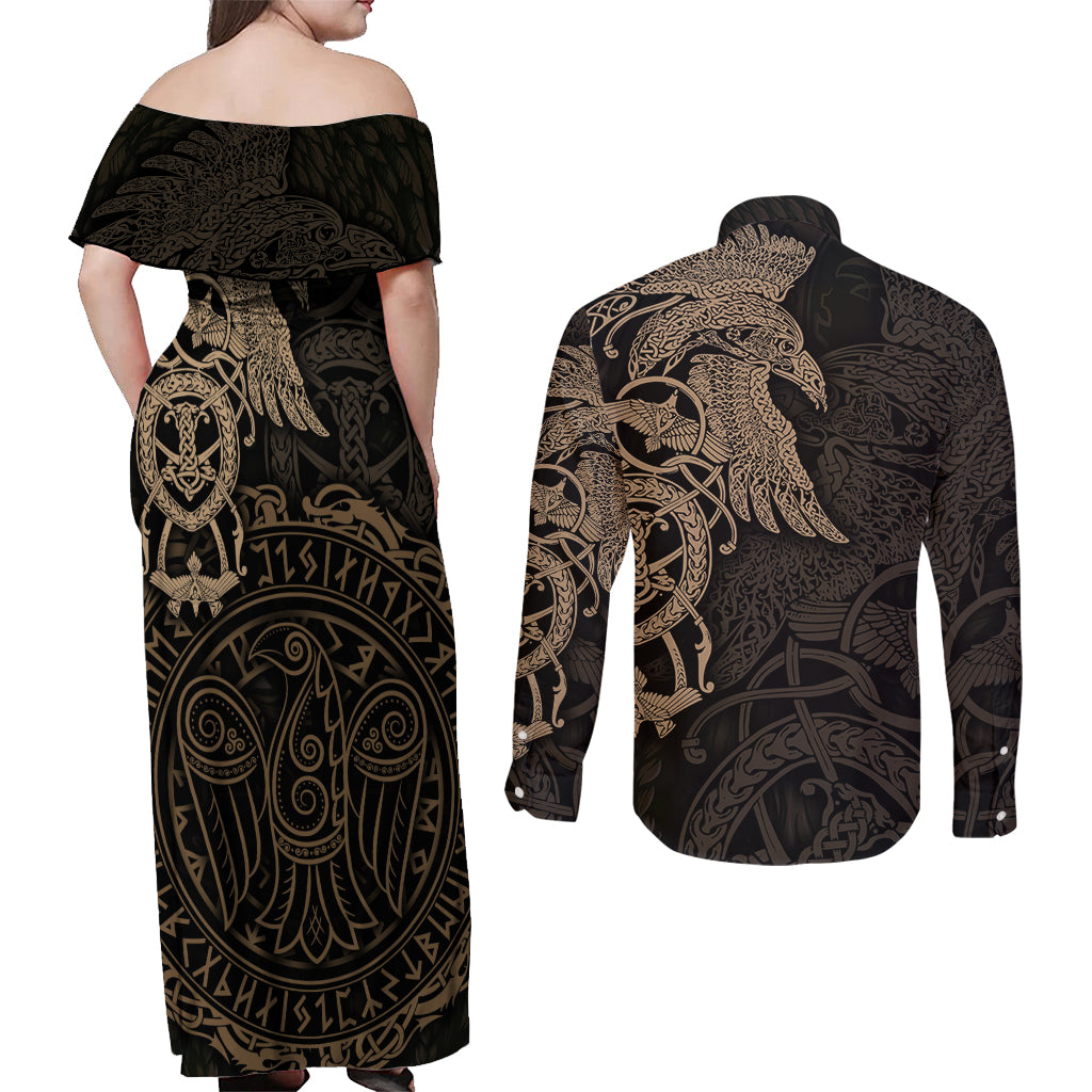 Viking Raven Couples Matching Off Shoulder Maxi Dress and Long Sleeve Button Shirt Wisdom in Flight - Wonder Print Shop
