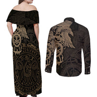 Viking Raven Couples Matching Off Shoulder Maxi Dress and Long Sleeve Button Shirt Wisdom in Flight - Wonder Print Shop