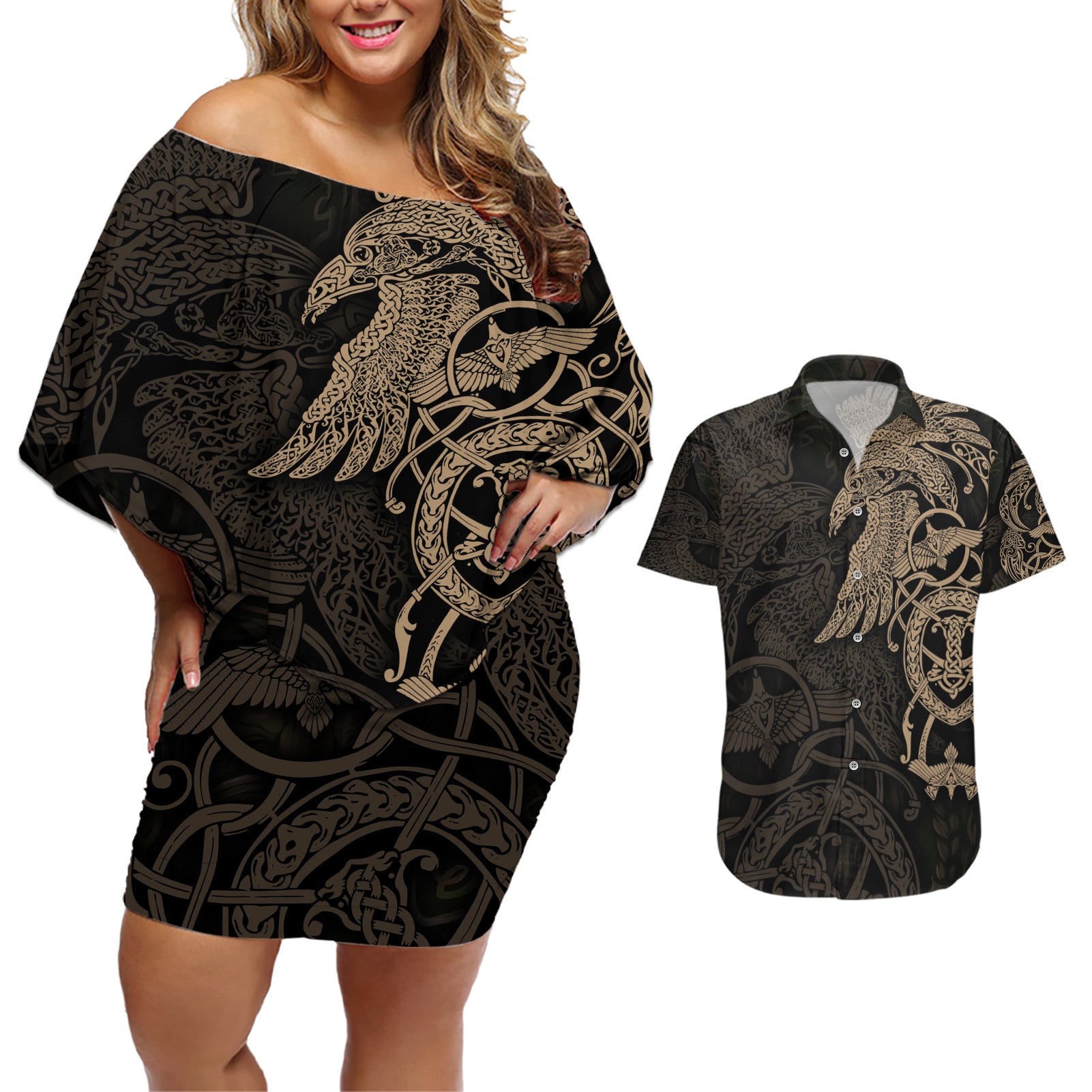 Viking Raven Couples Matching Off Shoulder Short Dress and Hawaiian Shirt Wisdom in Flight - Wonder Print Shop