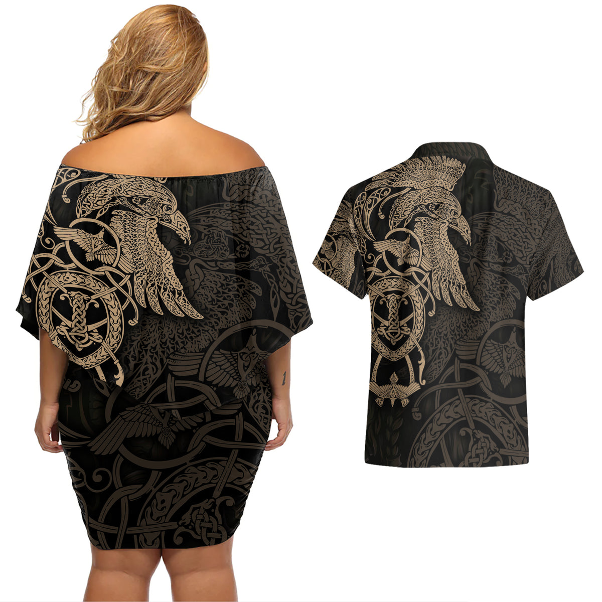 Viking Raven Couples Matching Off Shoulder Short Dress and Hawaiian Shirt Wisdom in Flight - Wonder Print Shop