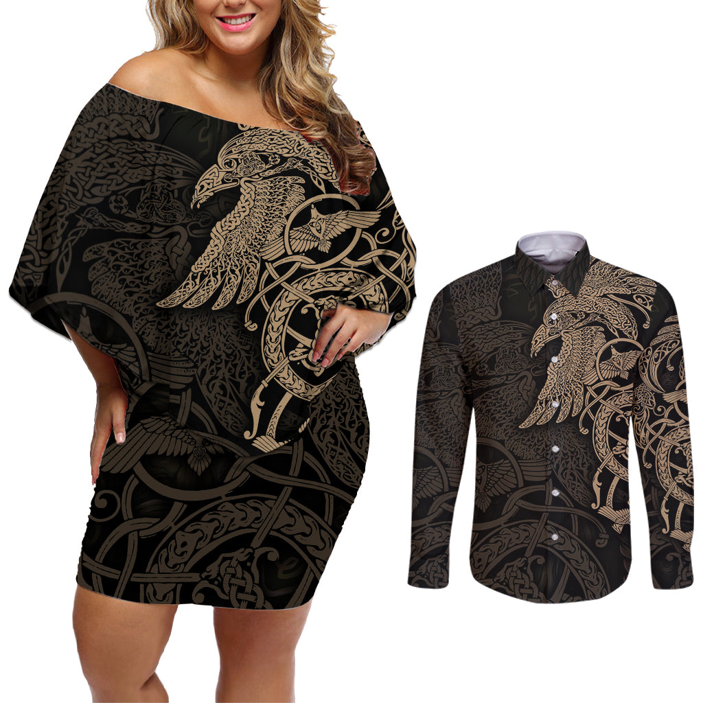 Viking Raven Couples Matching Off Shoulder Short Dress and Long Sleeve Button Shirt Wisdom in Flight - Wonder Print Shop