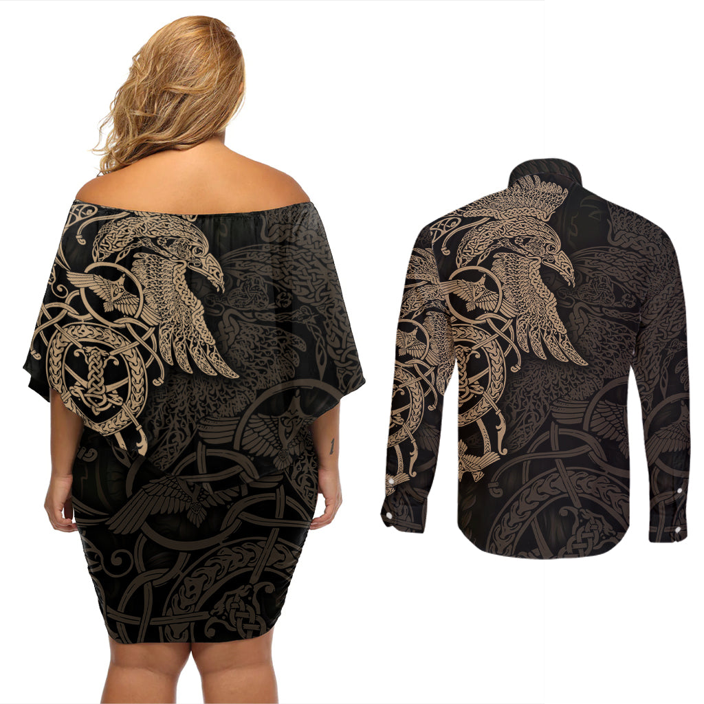 Viking Raven Couples Matching Off Shoulder Short Dress and Long Sleeve Button Shirt Wisdom in Flight - Wonder Print Shop