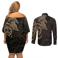 Viking Raven Couples Matching Off Shoulder Short Dress and Long Sleeve Button Shirt Wisdom in Flight - Wonder Print Shop
