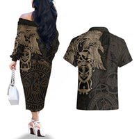 Viking Raven Couples Matching Off The Shoulder Long Sleeve Dress and Hawaiian Shirt Wisdom in Flight - Wonder Print Shop