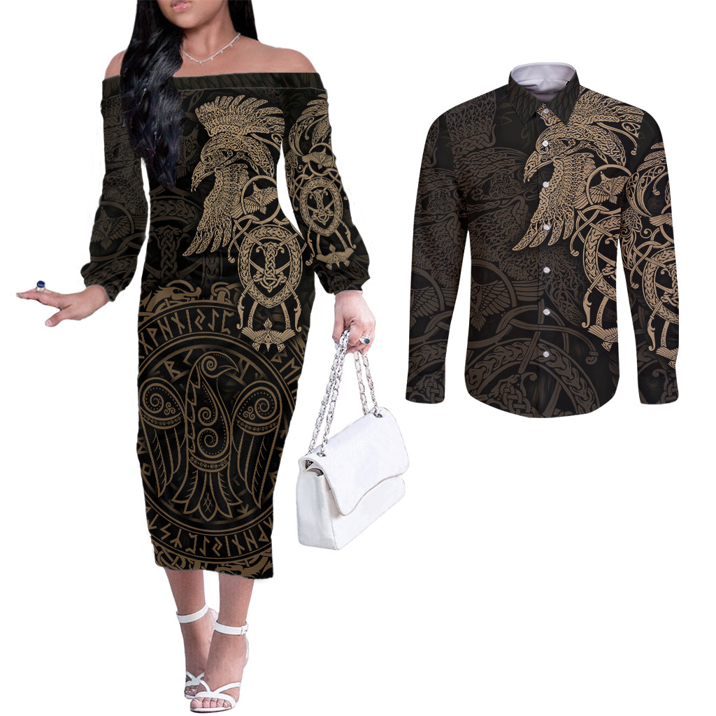viking-raven-couples-matching-off-the-shoulder-long-sleeve-dress-and-long-sleeve-button-shirt-wisdom-in-flight